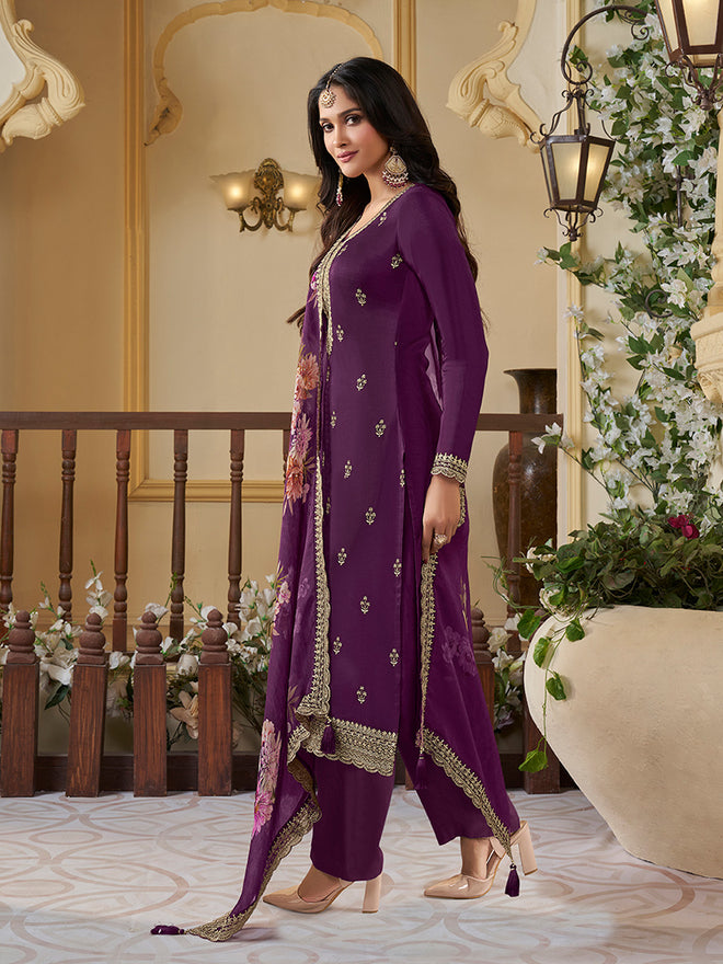 Purple Munga Silk Embroidered Top with Matching Trouser and Digital Print Dupatta