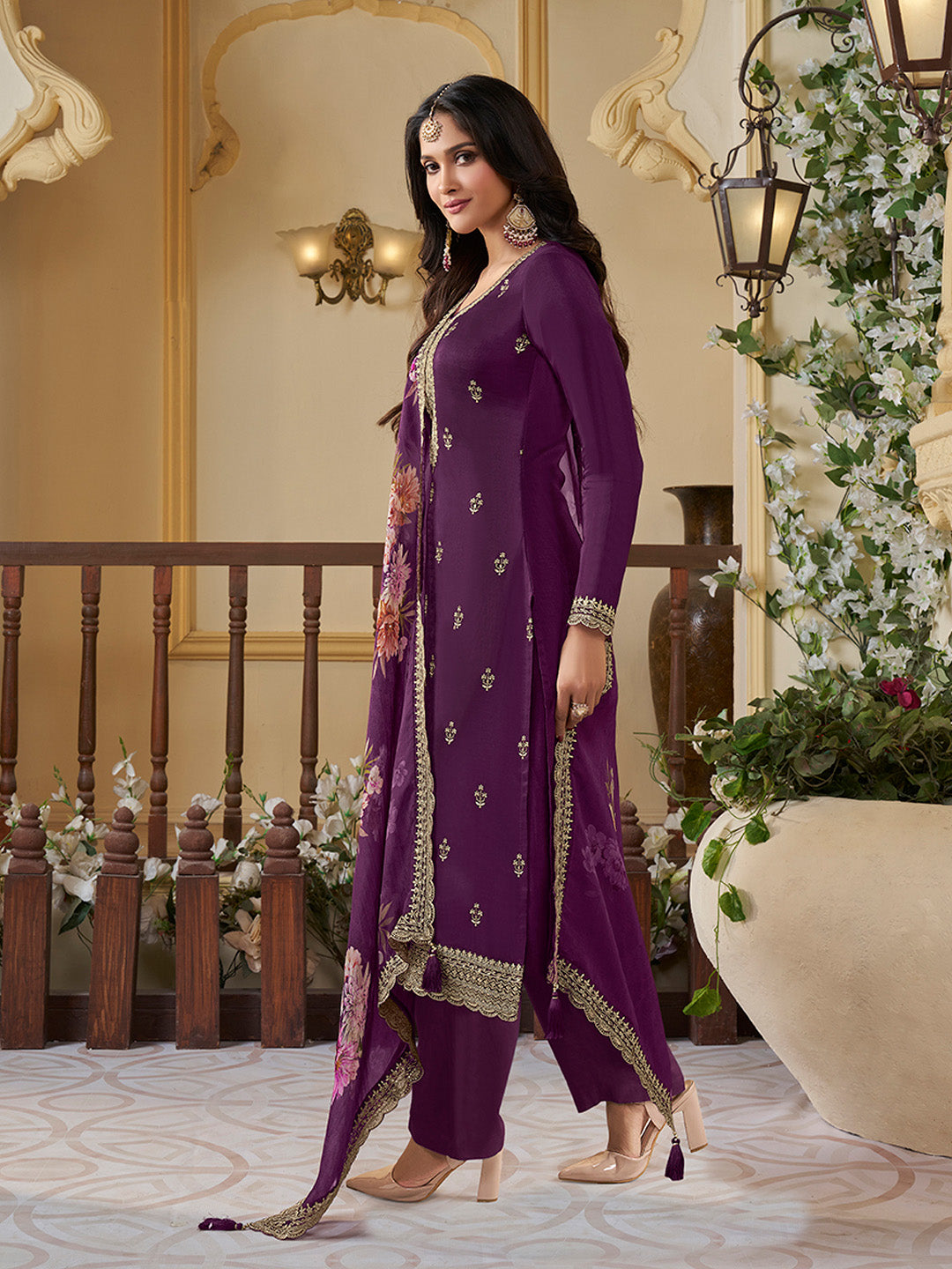 Purple Munga Silk Embroidered Top with Matching Trouser and Digital Print Dupatta