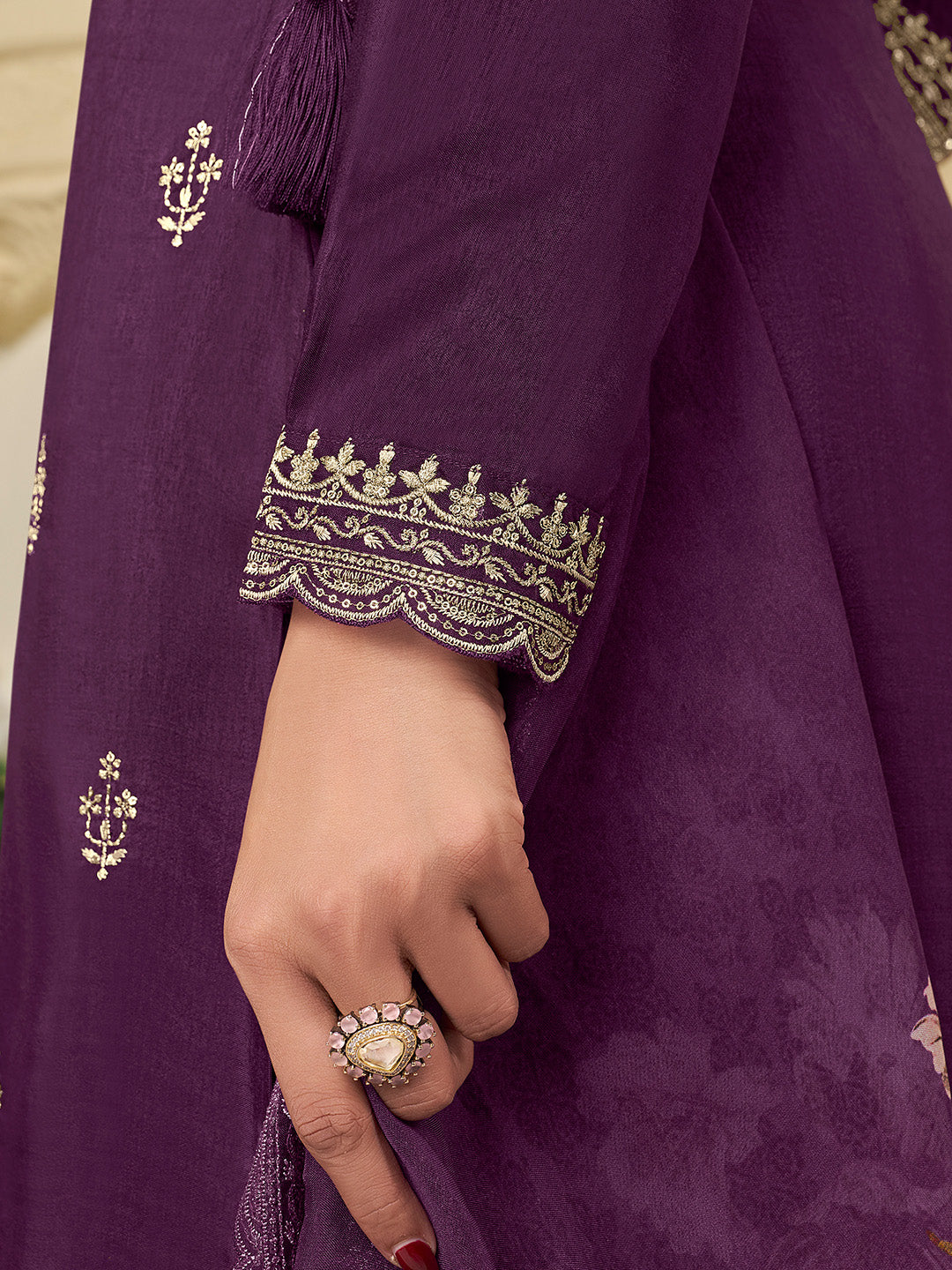 Purple Munga Silk Embroidered Top with Matching Trouser and Digital Print Dupatta