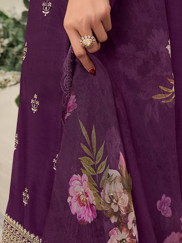 Purple Munga Silk Embroidered Top with Matching Trouser and Digital Print Dupatta