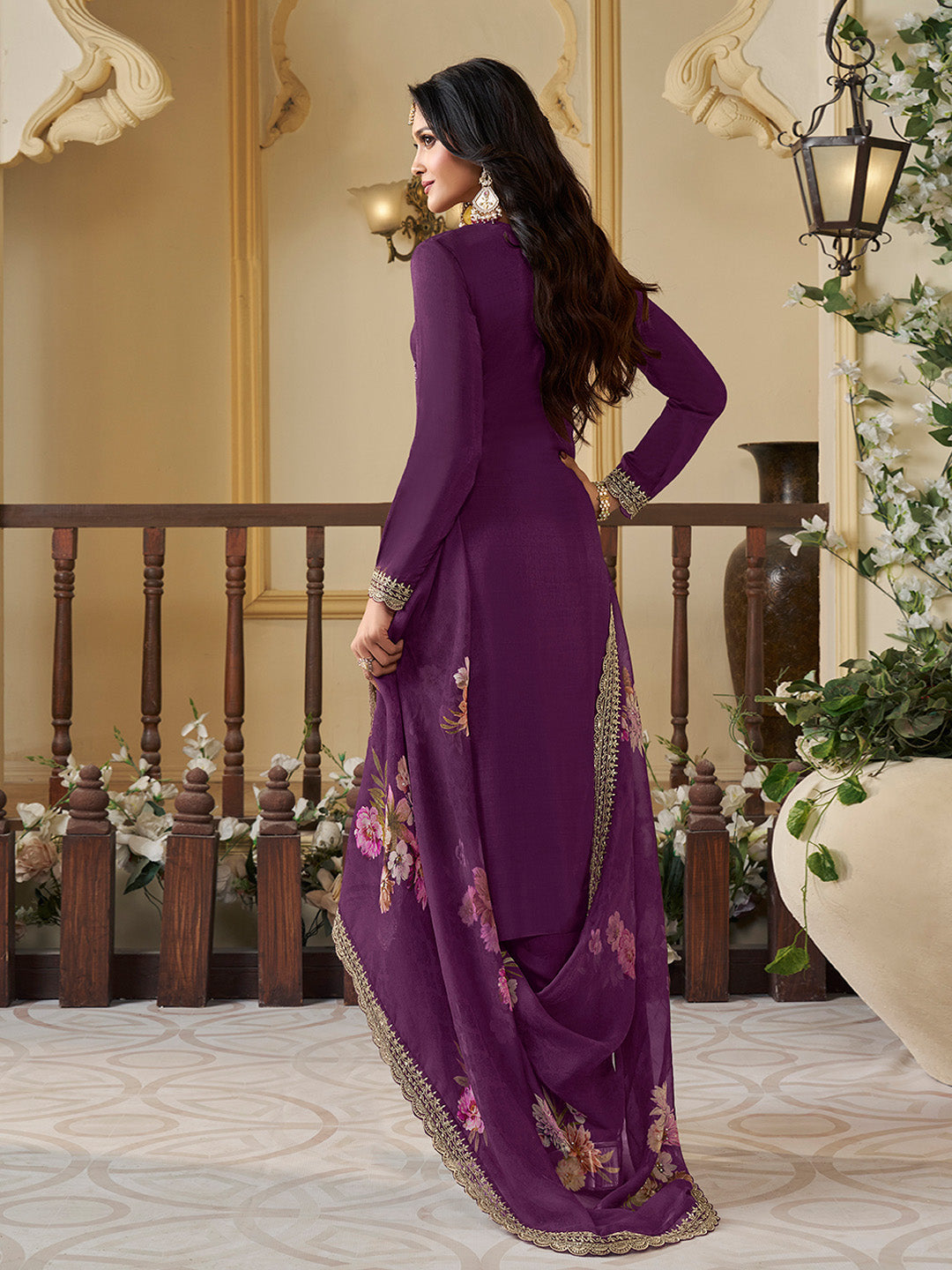 Purple Munga Silk Embroidered Top with Matching Trouser and Digital Print Dupatta