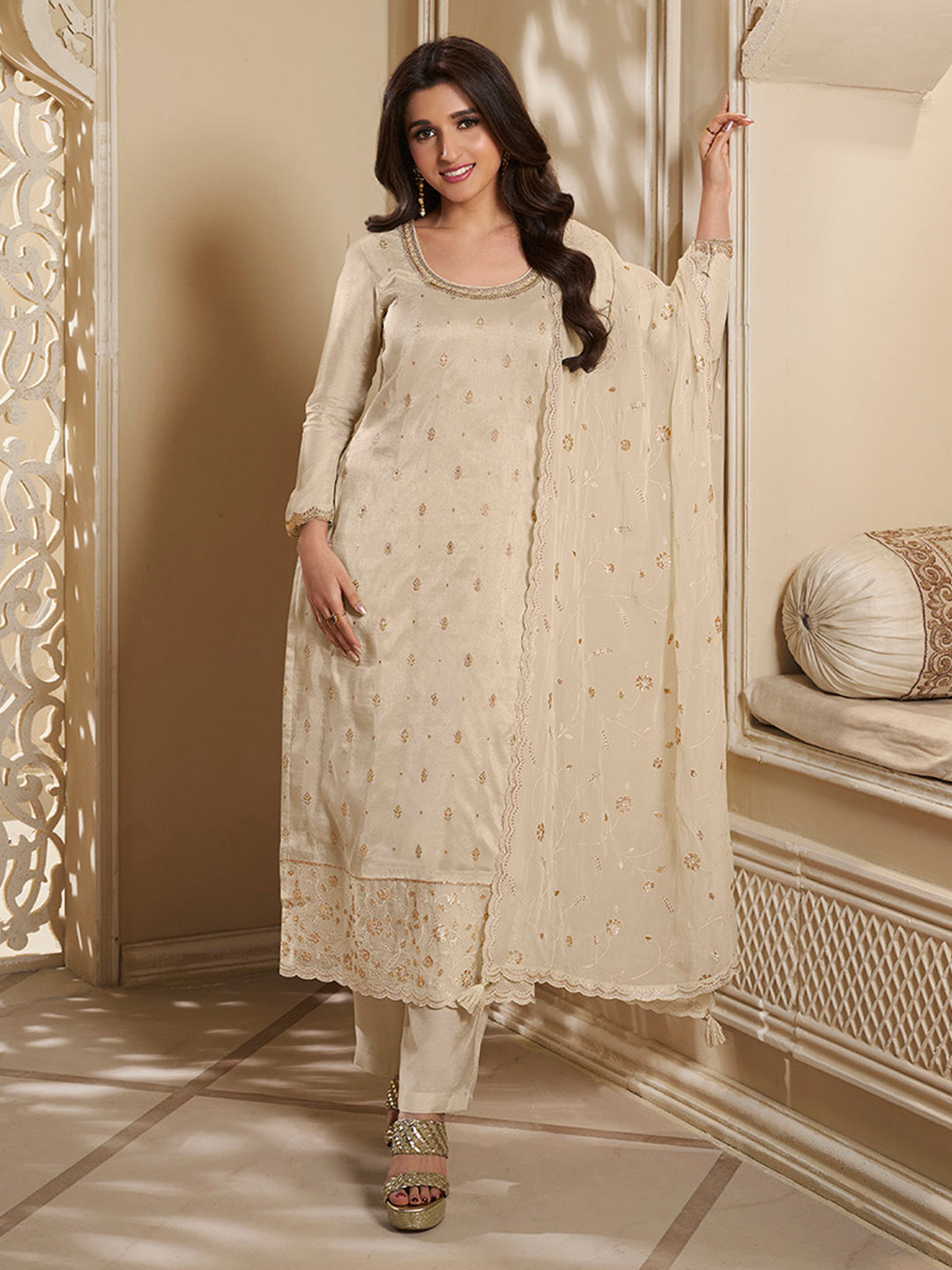 Off White Dola Jacquard Kurta Suit Set with Embroidered with Thread & Sequins Work Product vendor