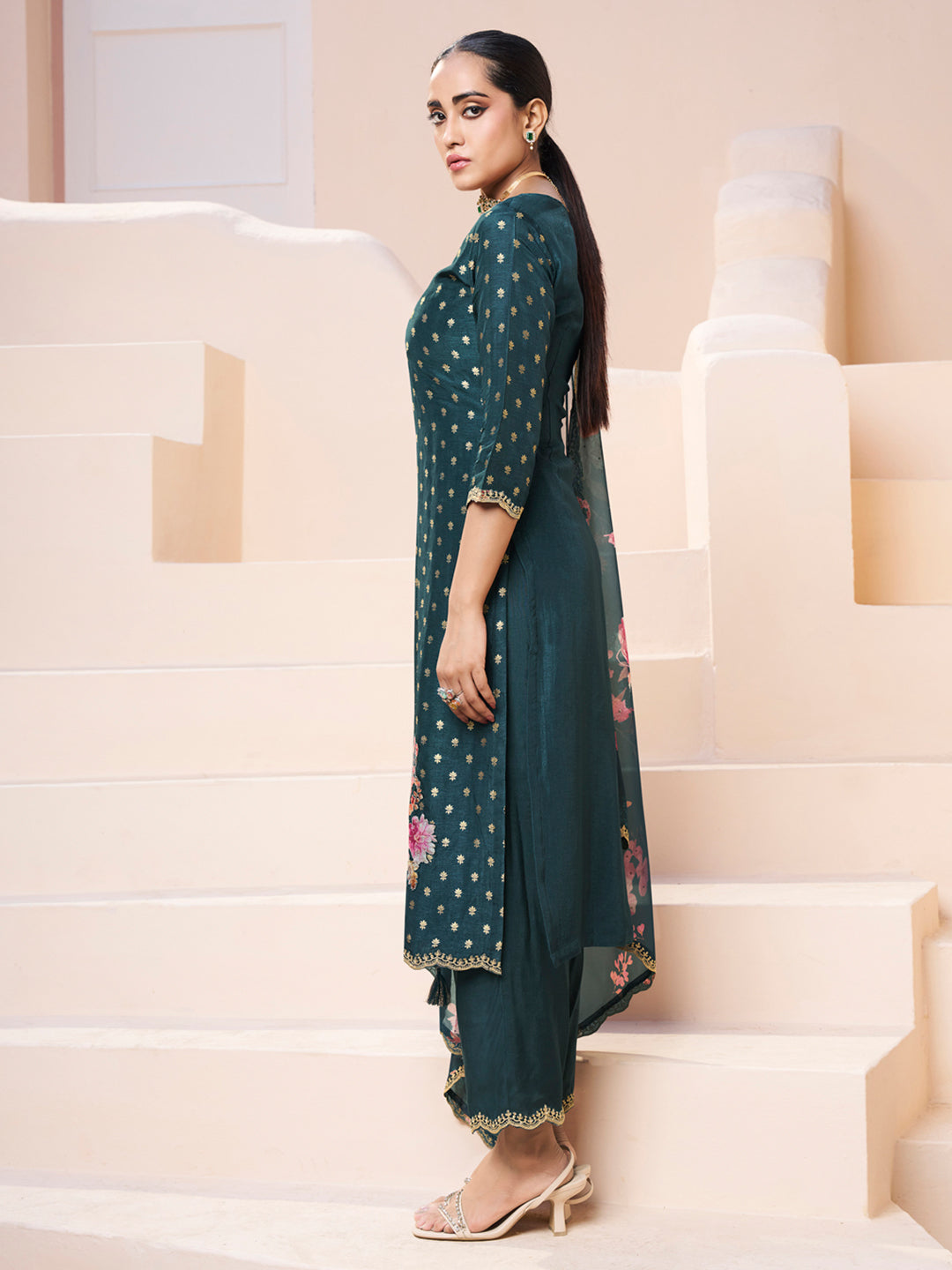 Dark Teal Green Applique Jacquard Kurta with Floral Print Dupatta Product vendor