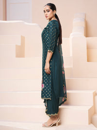 Dark Teal Green Applique Jacquard Kurta Set with Floral Print Dupatta