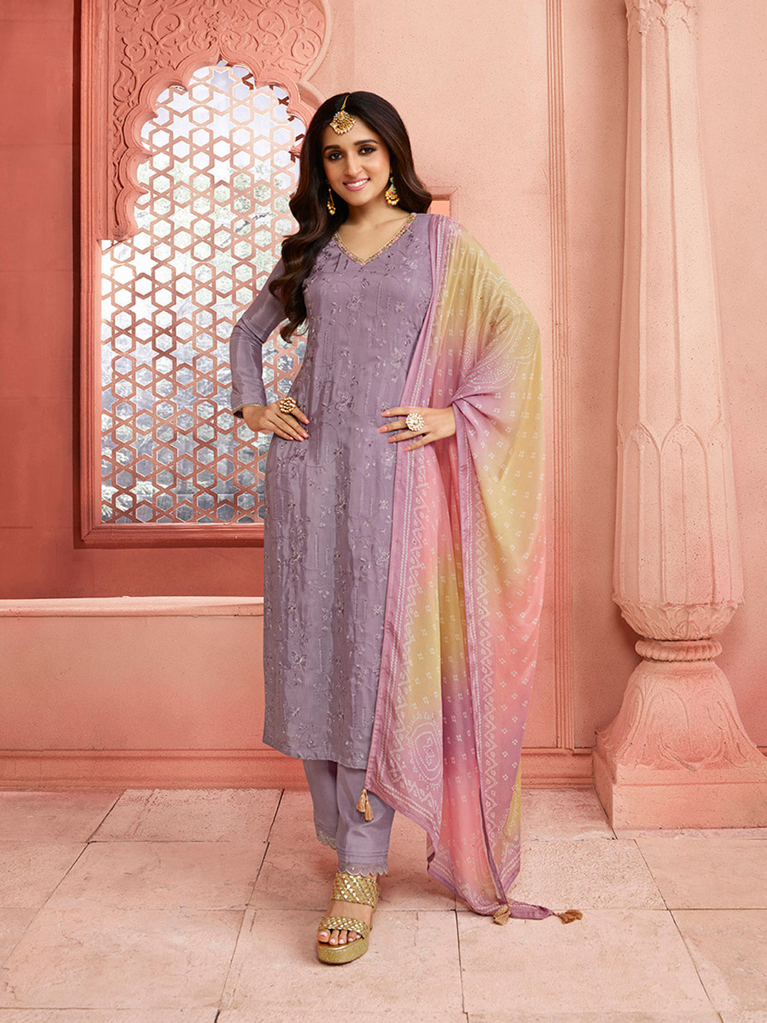 Lilac Full Jaal Thread Embroidery kurta Suit set with Bandhni Print Gradient Dupatta Product vendor