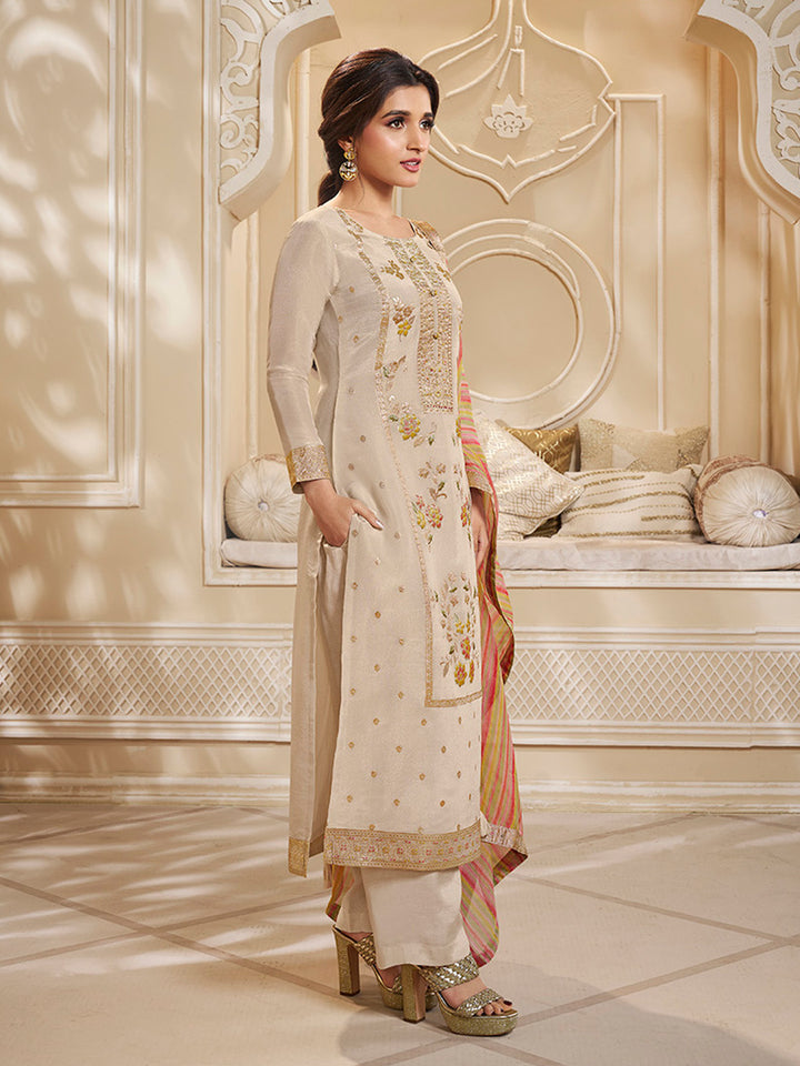 Cream Tissue Silk Meena Jacquard Designer Panel Work Kurta Suit Set Product vendor