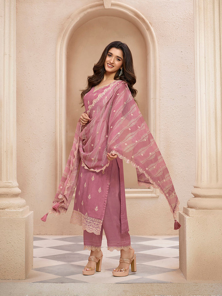 Dusty Rose Cutwork Neckline Dola Silk  Kurta Suit Set  with Lehariya Print Dupatta Product vendor