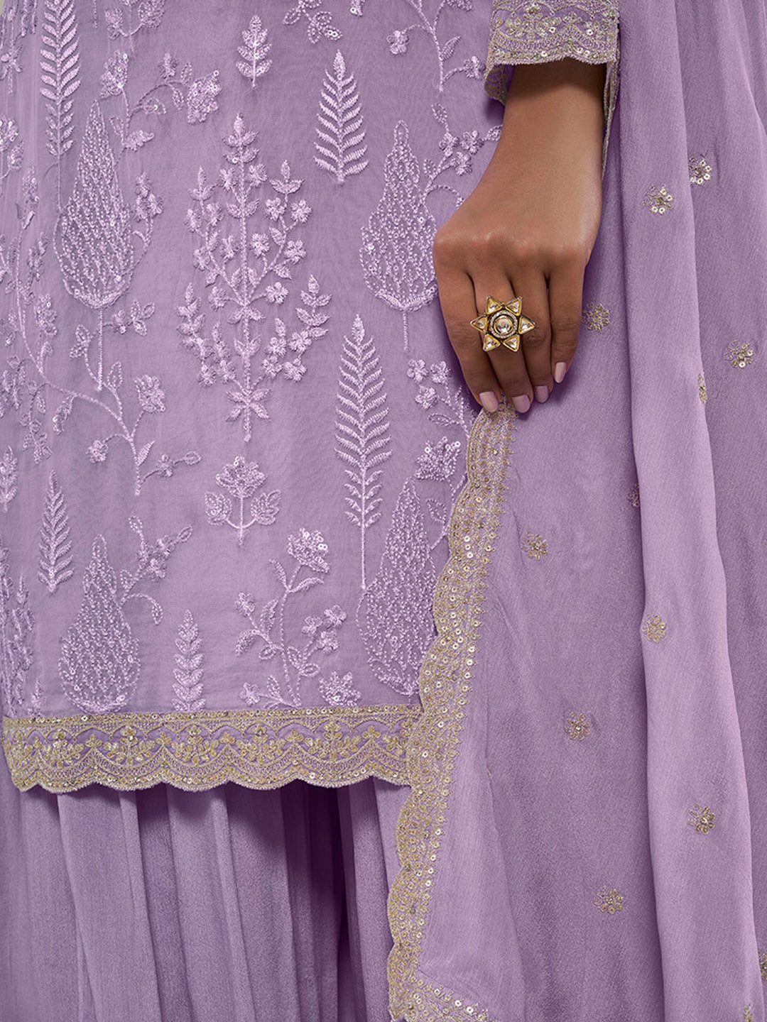 Lavender Floral Pattern, Thread with Sequins & Zari Embroidered Sharara Suit Set Product vendor