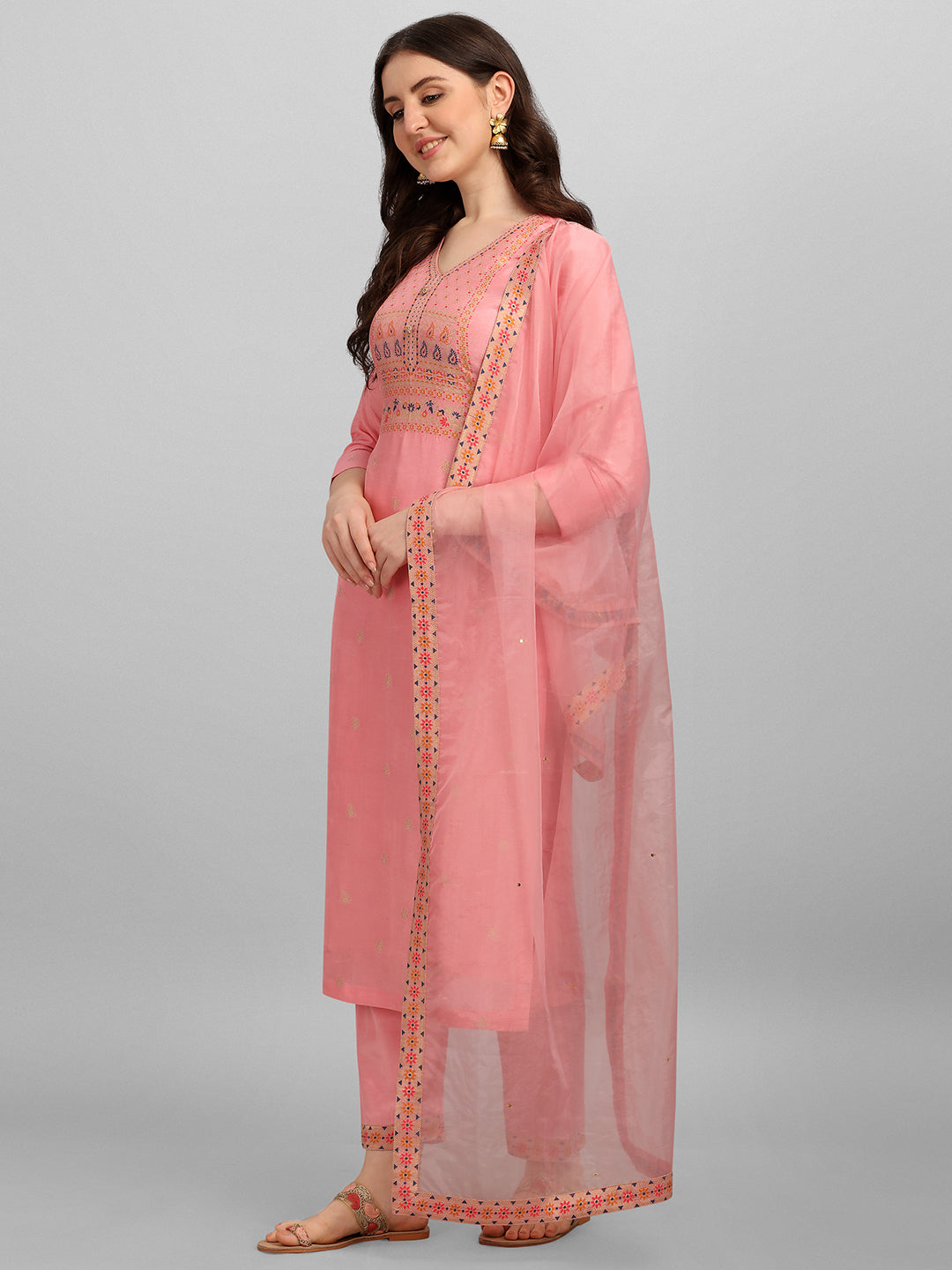 Peachish Pink Meena Jacquard Kurta Suit Set Product vendor