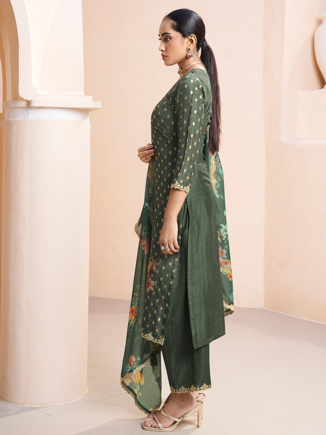 Dark Olive Green Applique Jacquard Kurta with Floral Print Dupatta Product vendor