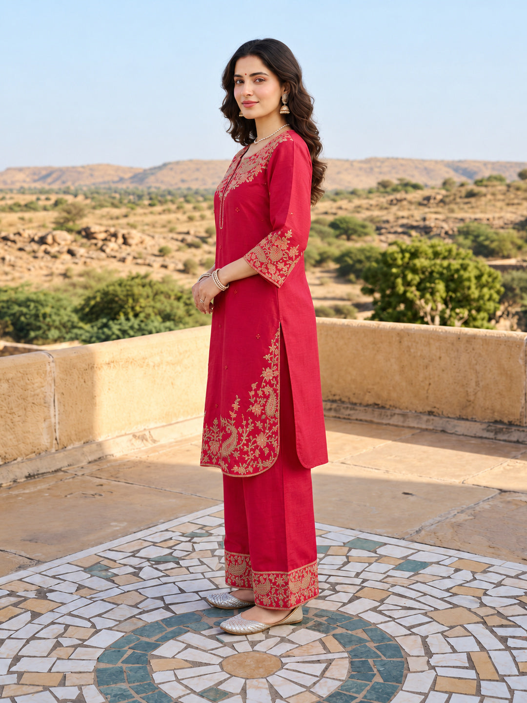 Pink Mul Chanderi Embroidered Kurta Set