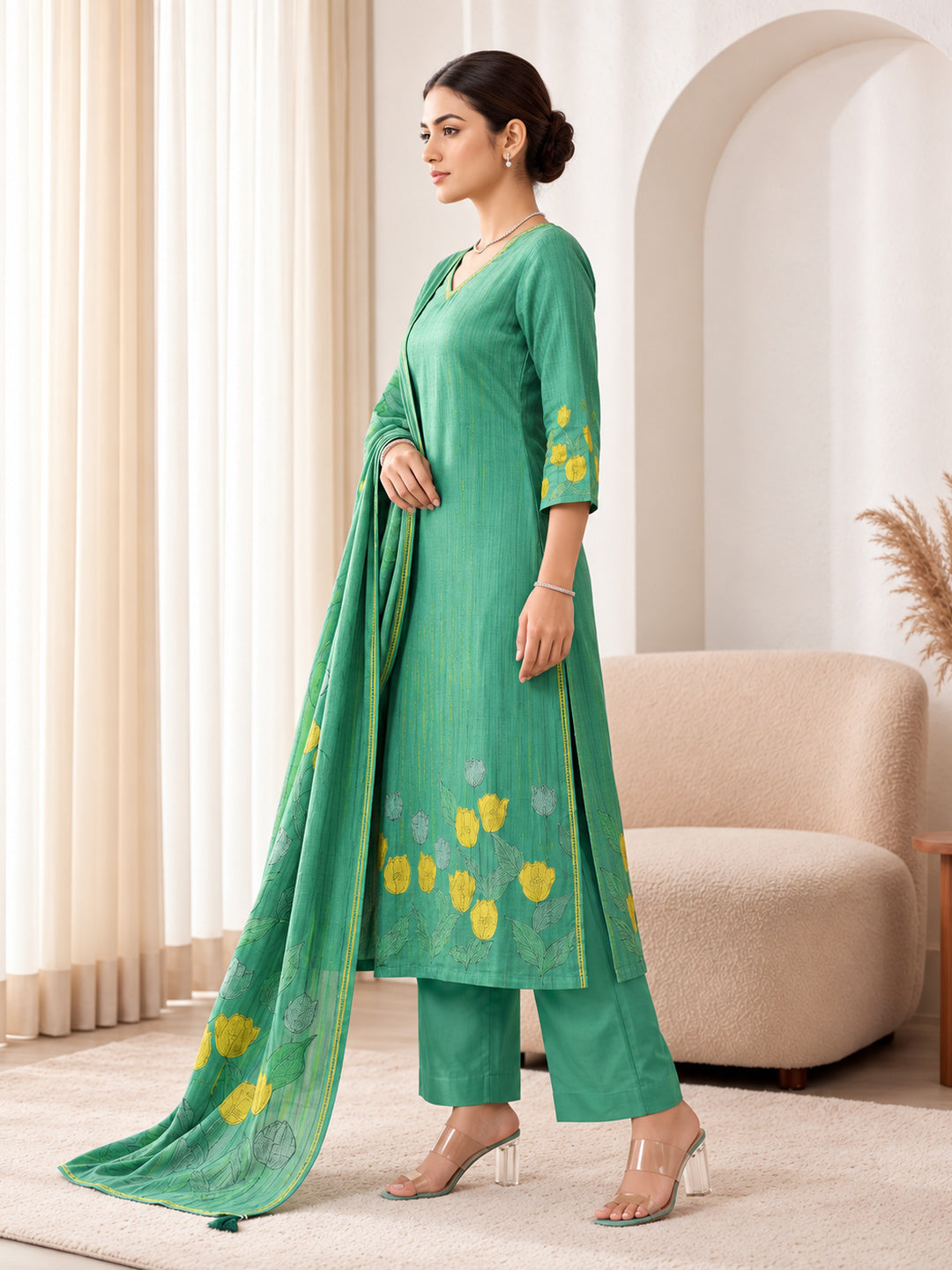 Emerald Light Green Silk Blend Kurta Set with Floral Dupatta