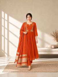 Orange Chanderi Silk Embroidered Anarkali Suit with Striped Dupatta