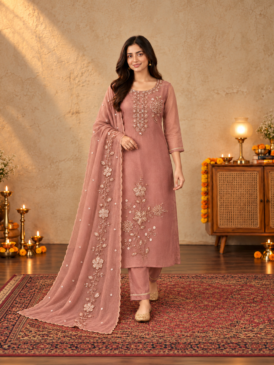 Dusty Rose Poly Silk Embroidered Kurta Palazzo Set with Dupatta