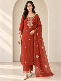 Brown Embroidered Kurta Pant Set with Dupatta