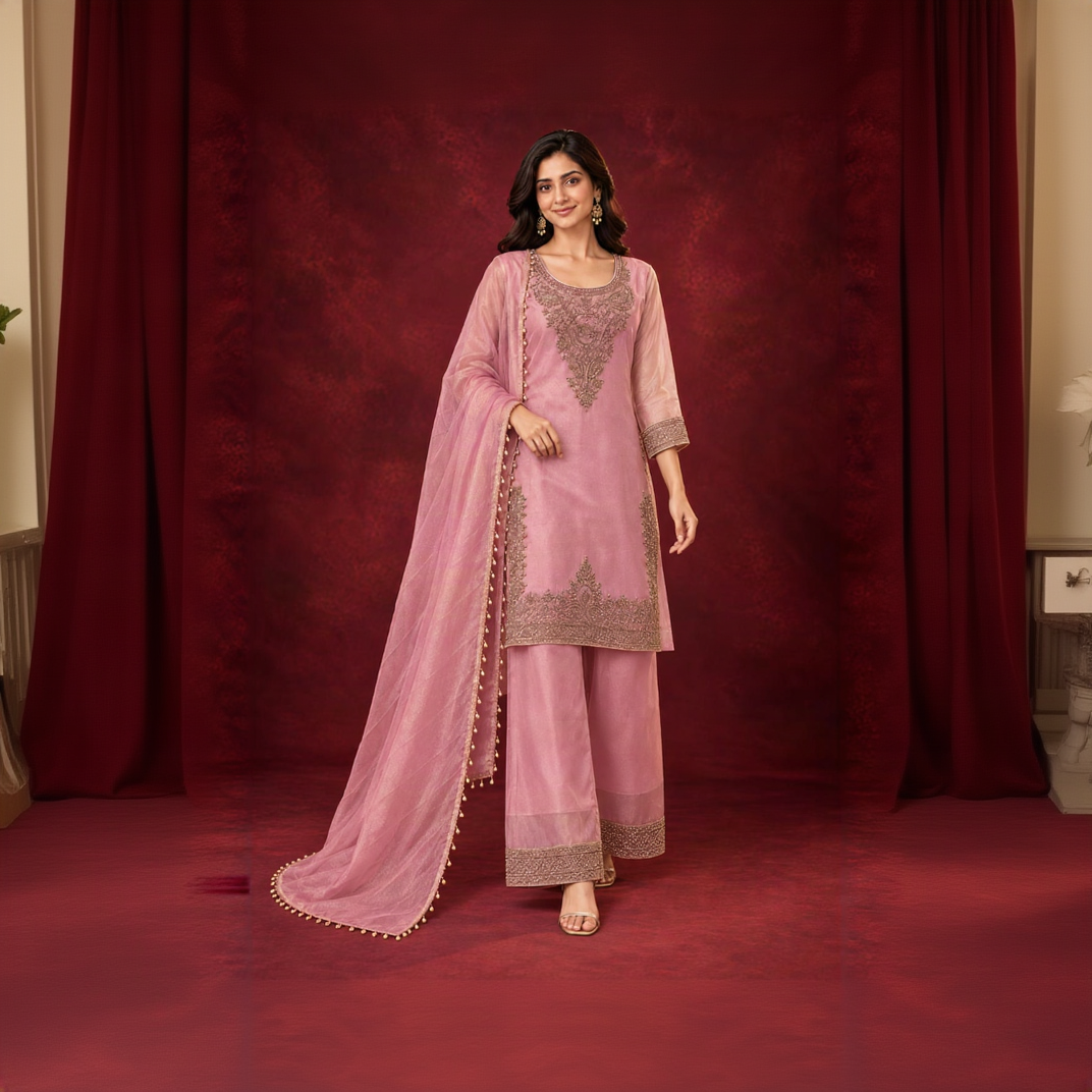 Dusty Pink Embroidered Pure Silk Palazzo Suit Set