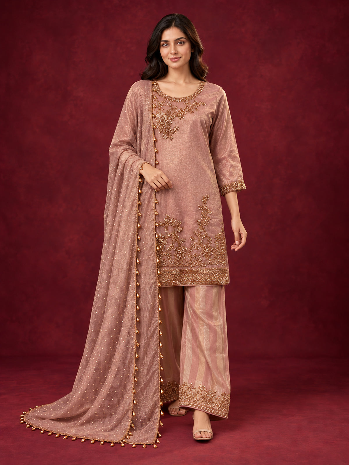 Dusty Rose Embroidered Pure Silk Palazzo Suit Set