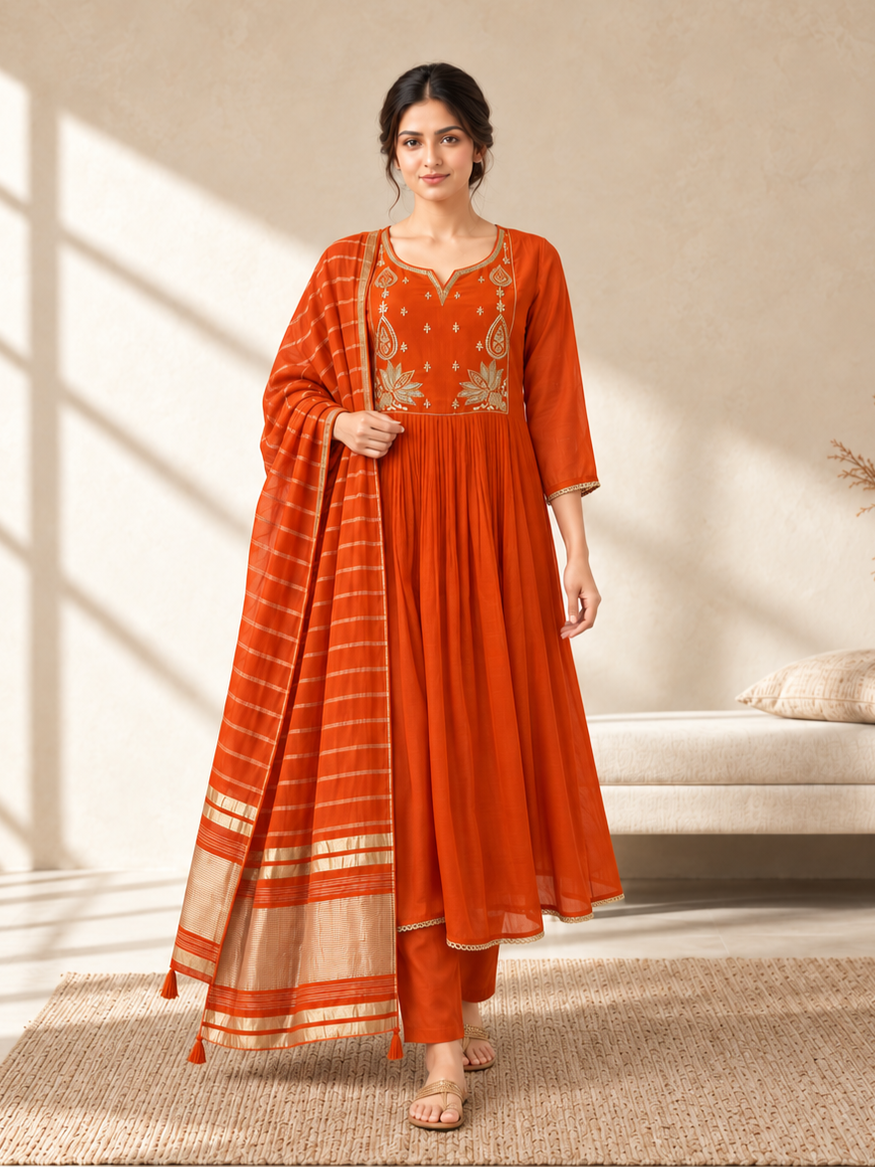 Orange Chanderi Silk Embroidered Anarkali Suit with Striped Dupatta