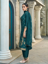 Dark Teal Green Placement-Weave Dola Silk Kurta Suit Set