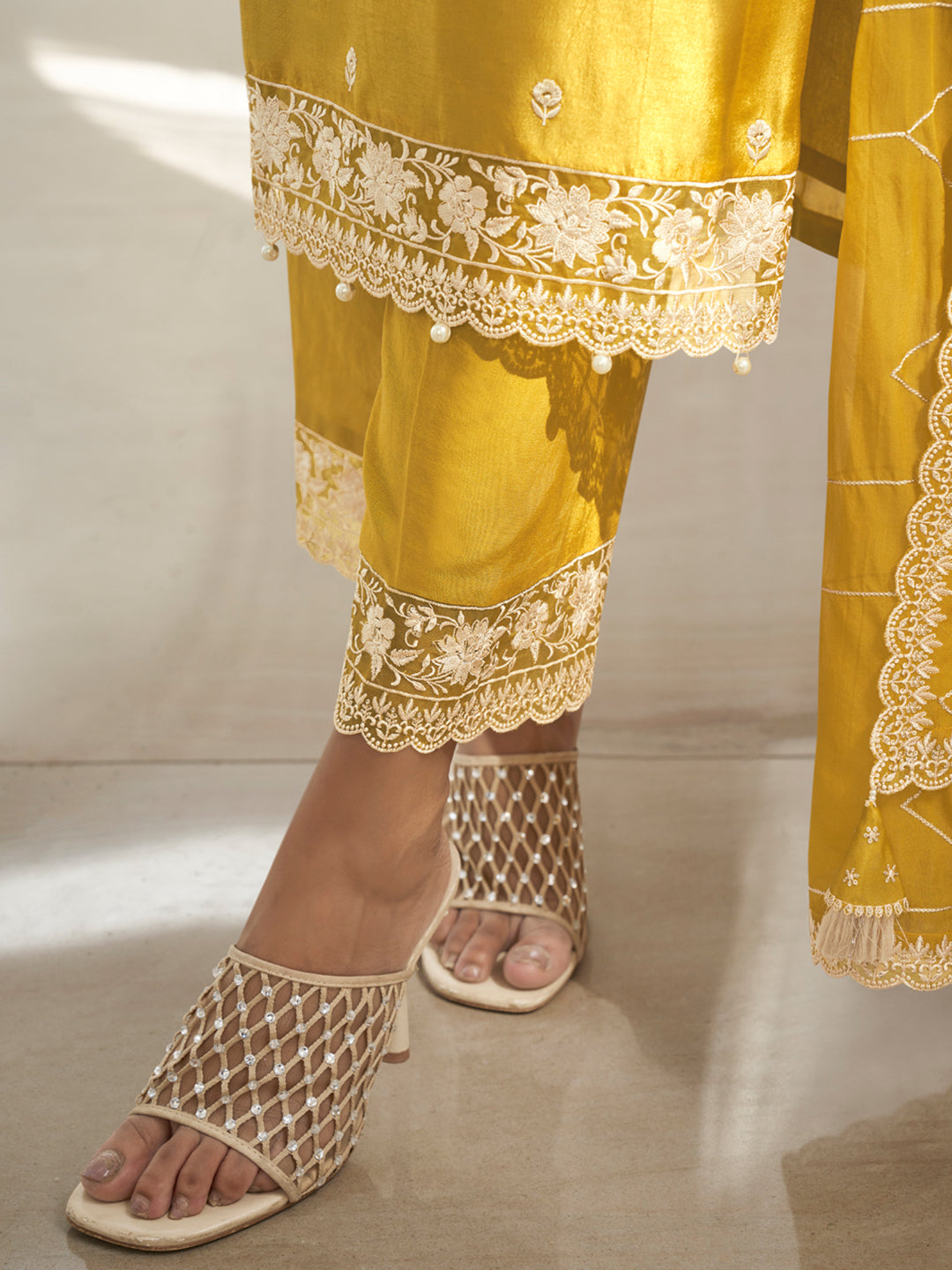 Floral + Geometric thread work & Hanging Pearl on Daman Kurta With Straight Pant & Dupatta Product vendor