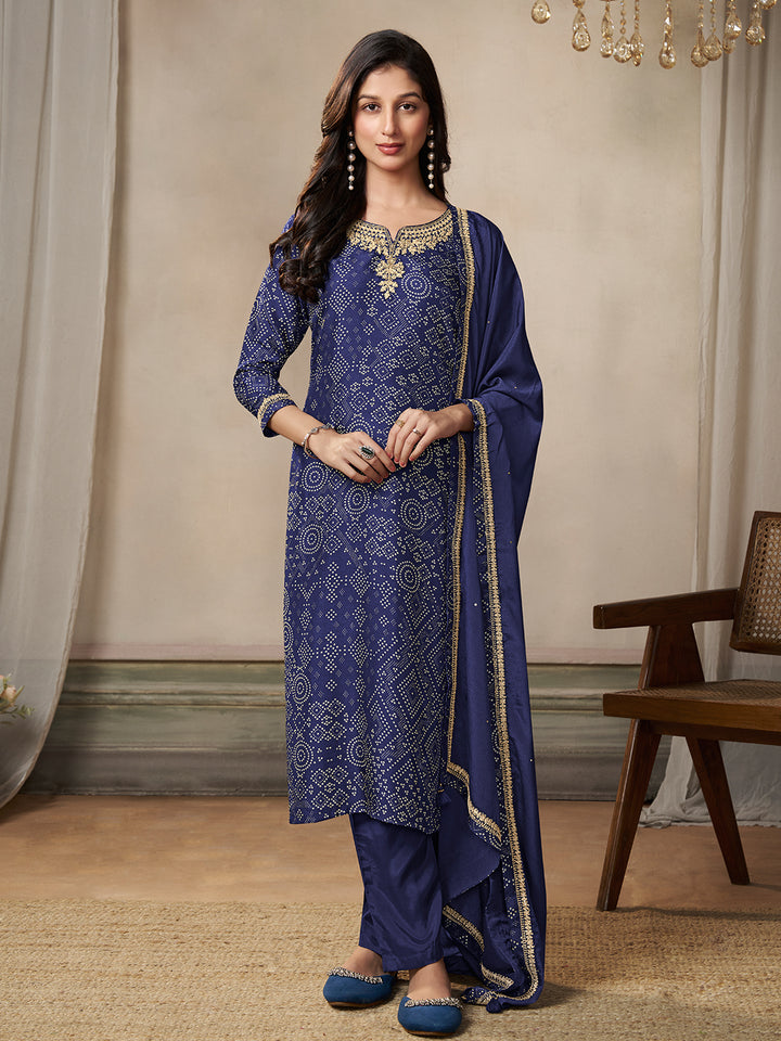 Royal Blue Kurta Set in Dola Bandhni Printed with Embroidery