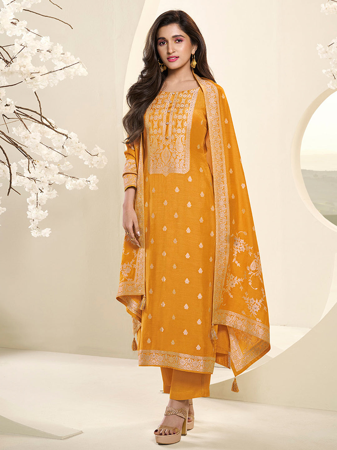 Muslin Jacquard Kurta Suit Set with White Thread Weave with Handcrafted Buttons Product vendor