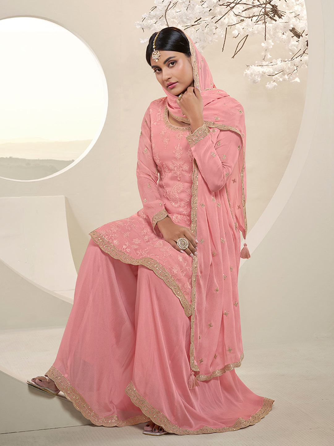 Peach Pink Floral Pattern, Thread with Sequins & Zari Embroidered Sharara Suit Set Product vendor