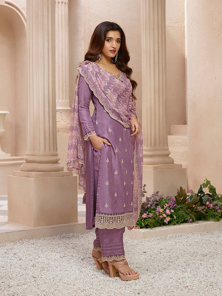 Dusty Lavendar Cutwork Neckline Dola Silk  Kurta Suit Set  with Lehariya Print Dupatta Product vendor