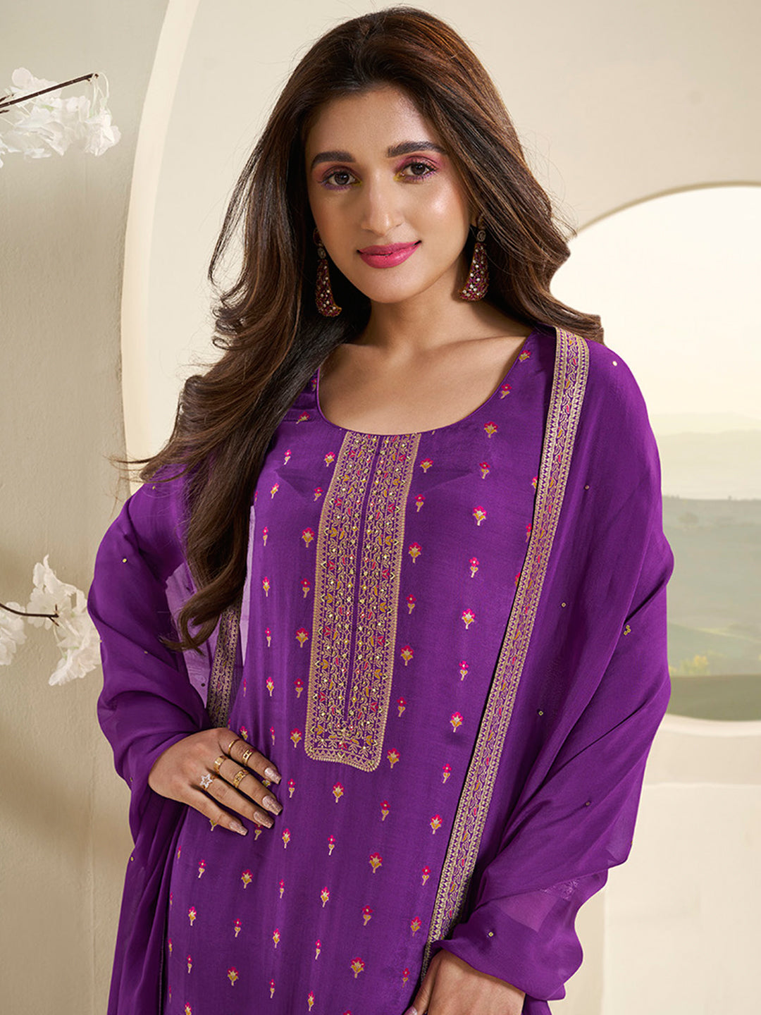 Midnight Purple Muslin Jacquard Kurta Suit Set with Multi Contrast Thread Weave & Paisley Pattern Daman Product vendor