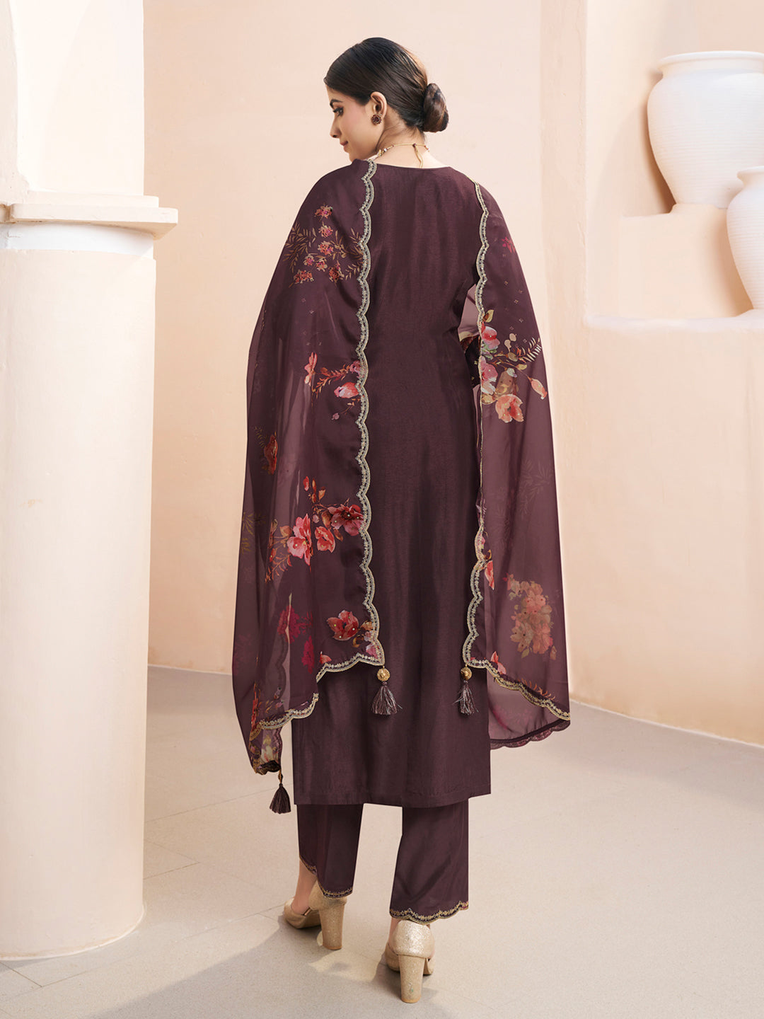 Seal Brown Applique Jacquard Kurta with Floral Print Dupatta Product vendor