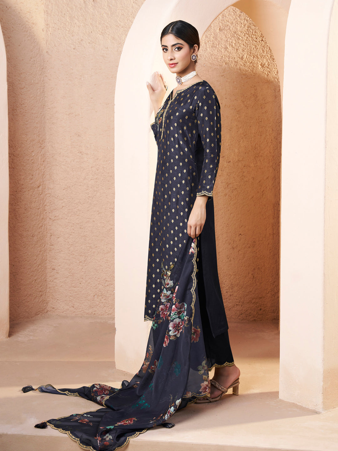 Dark Blue Black Applique Jacquard Kurta with Floral Print Dupatta Product vendor