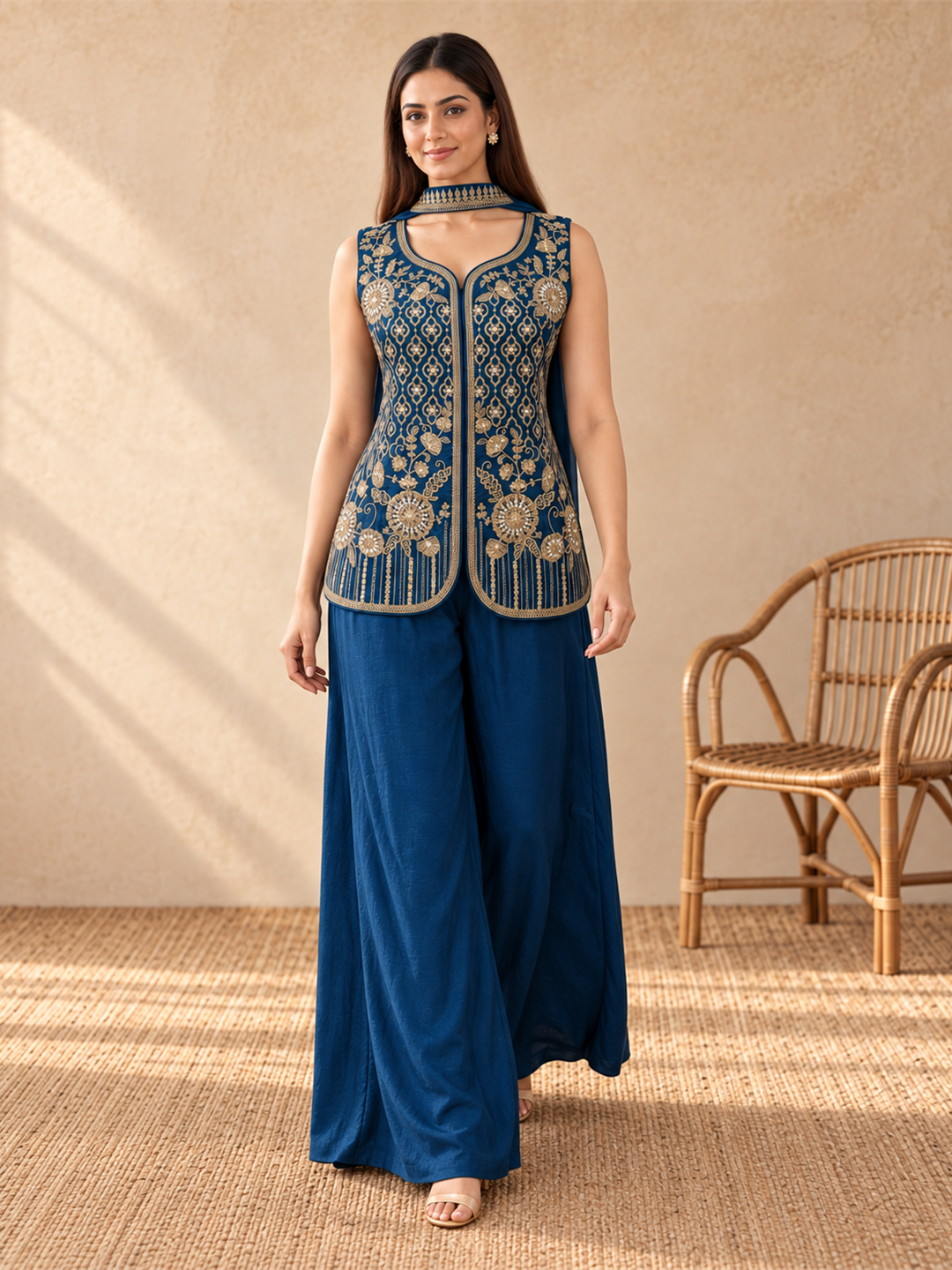 Royal Blue Pure Silk Embroidered Indo-Western Sharara Set