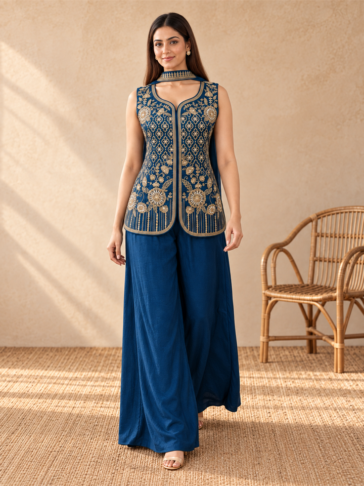 Royal Blue Embroidered Silk Indo-Western Sharara Set with Cape Dupatta