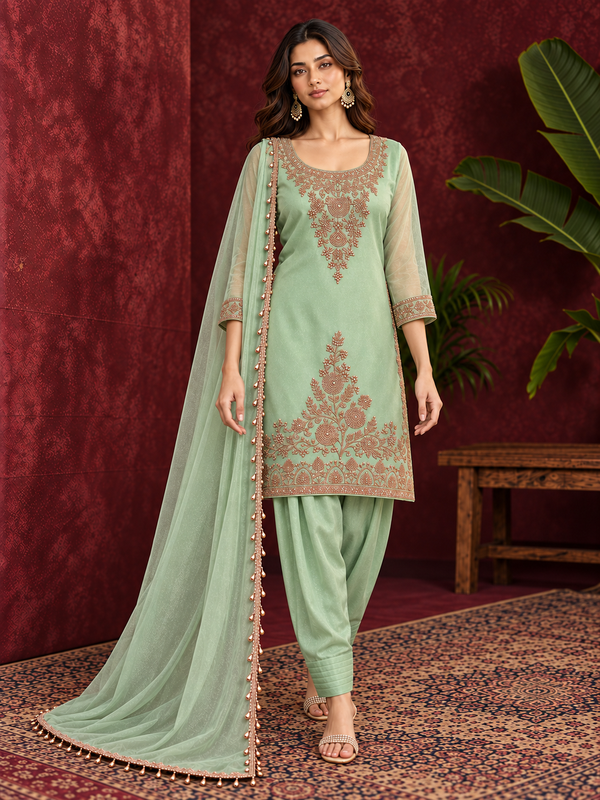 Sea Green Pure Silk Embroidered Suit Set with Dhoti and Dupatta
