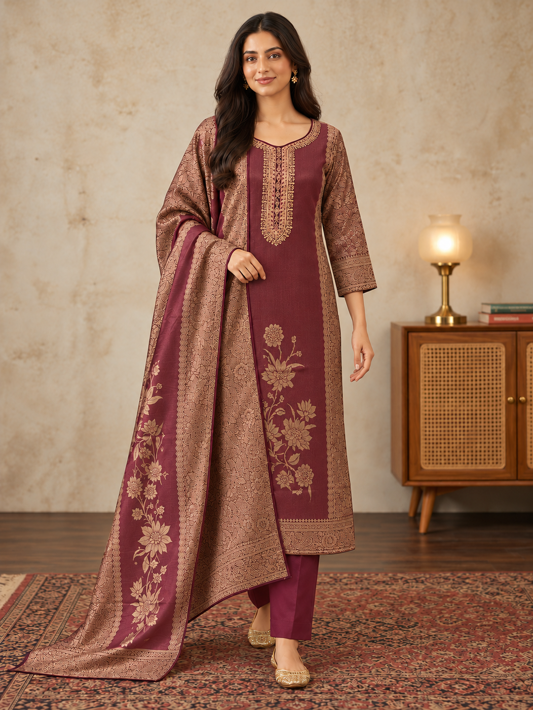 Wine Silk Blend Printed Kurta Pant Set with Dupatta