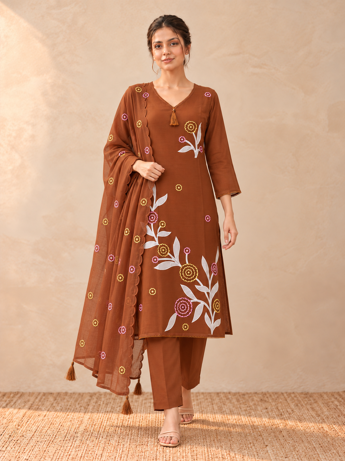 Rust Brown Floral Embroidered Mul Chanderi Kurta Set with Dupatta