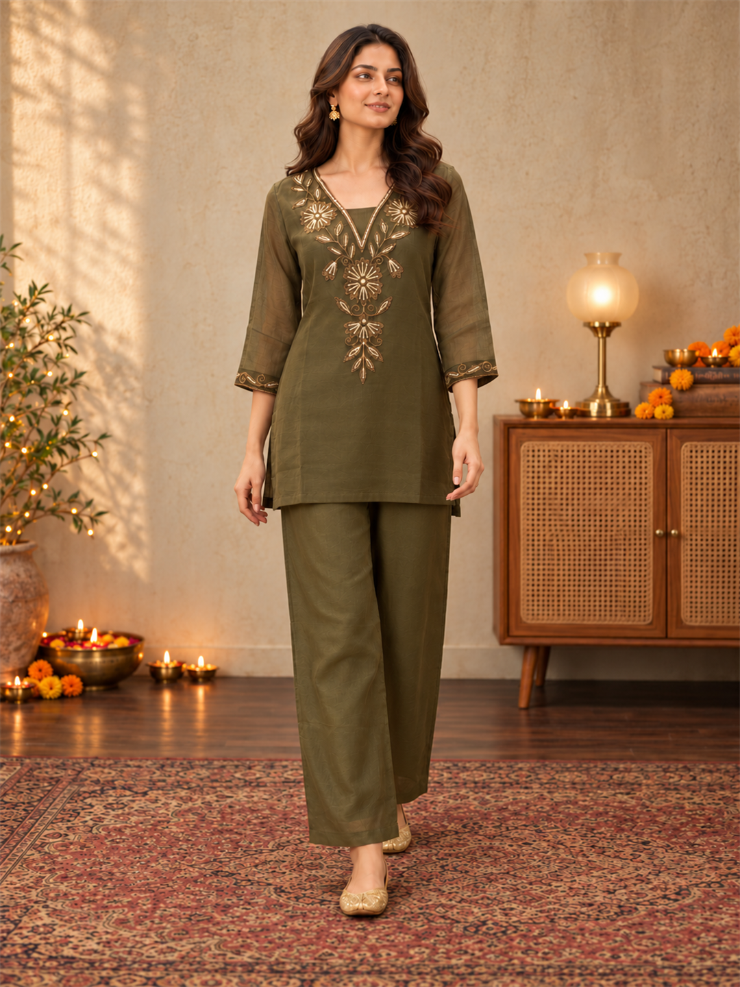 Olive Green Mul Chanderi Embroidered Kurta Palazzo Set