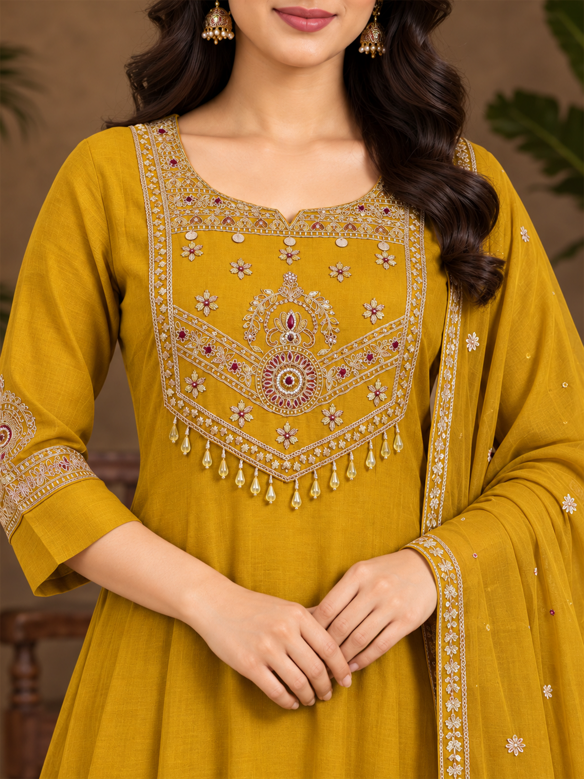 Mustard Embroidered Chanderi Silk Anarkali Suit Set
