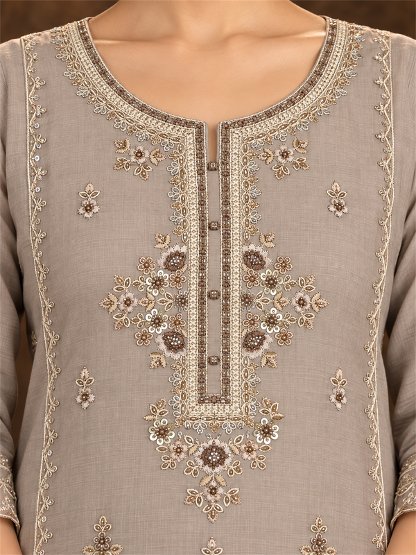 Beige Floral Embroidered Mul Chanderi Straight Kurta Trouser Set with Dupatta