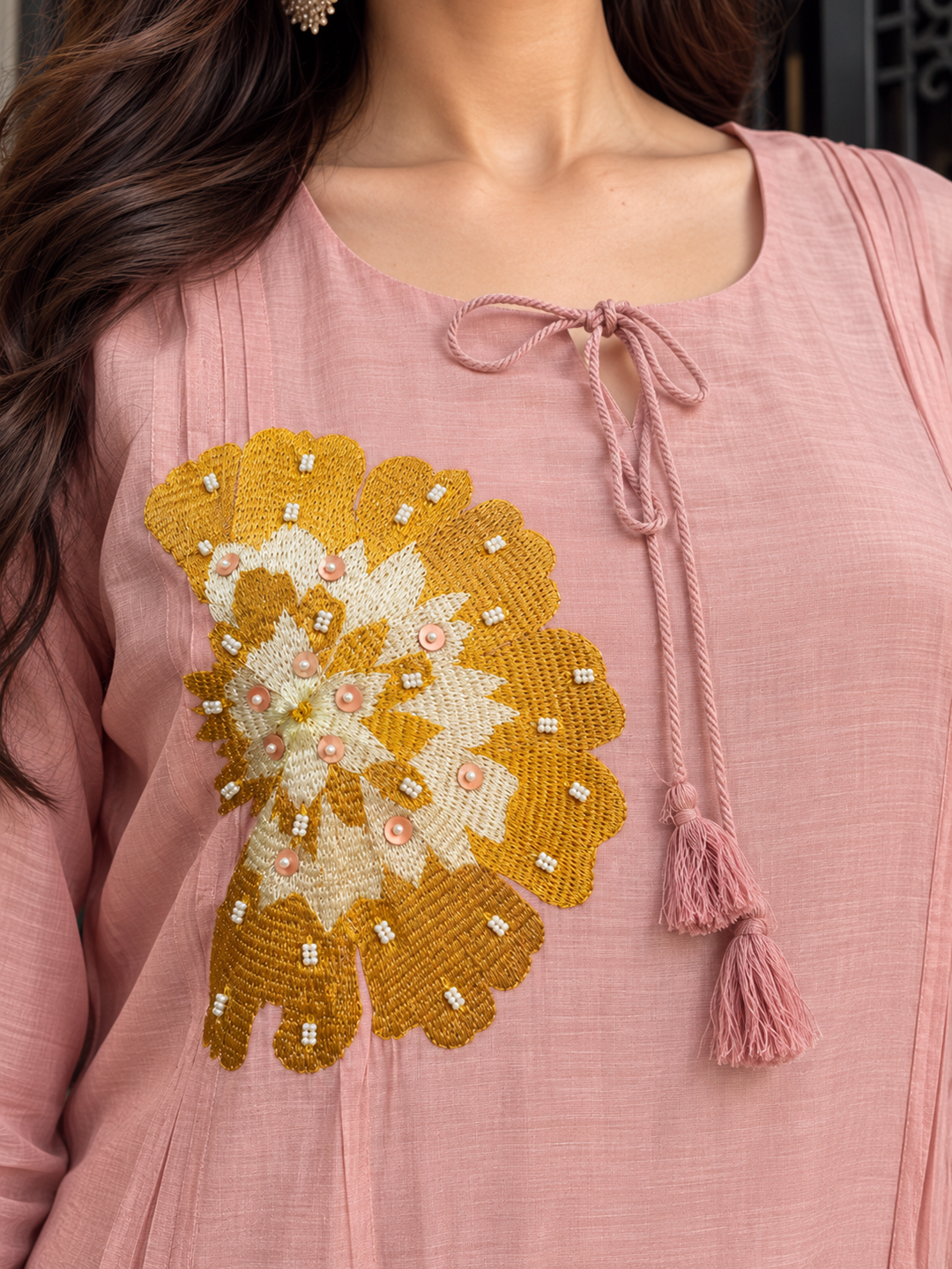 Dusty Pink Floral Embroidered Mul Chanderi Suit Set