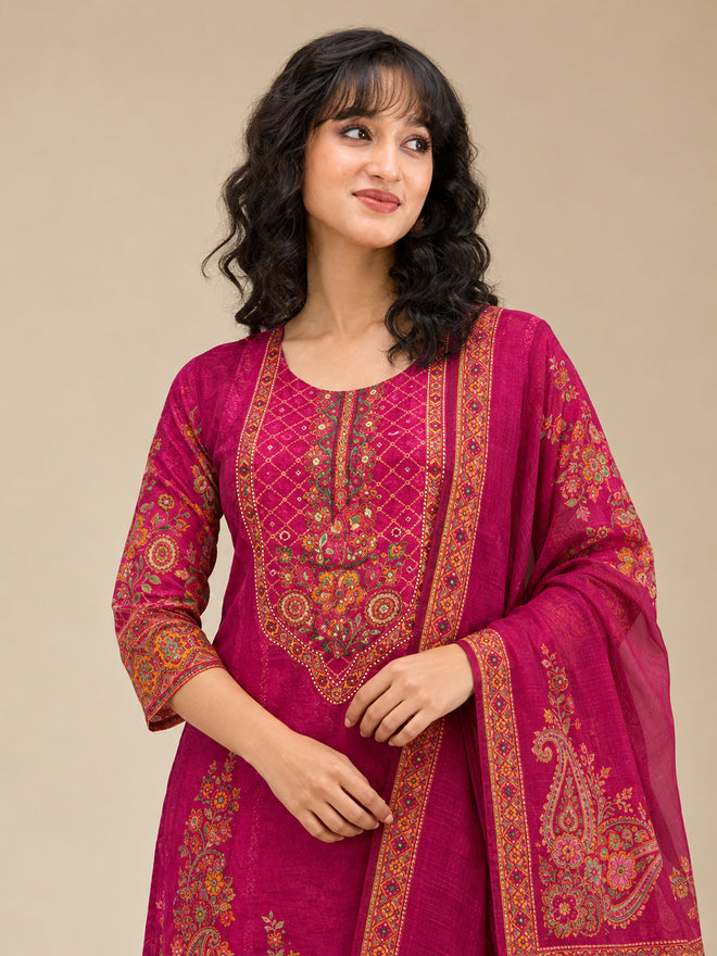 Women Rani-Pink Floral Embroidered Cotton-Silk Kurta with Trousers & With Dupatta