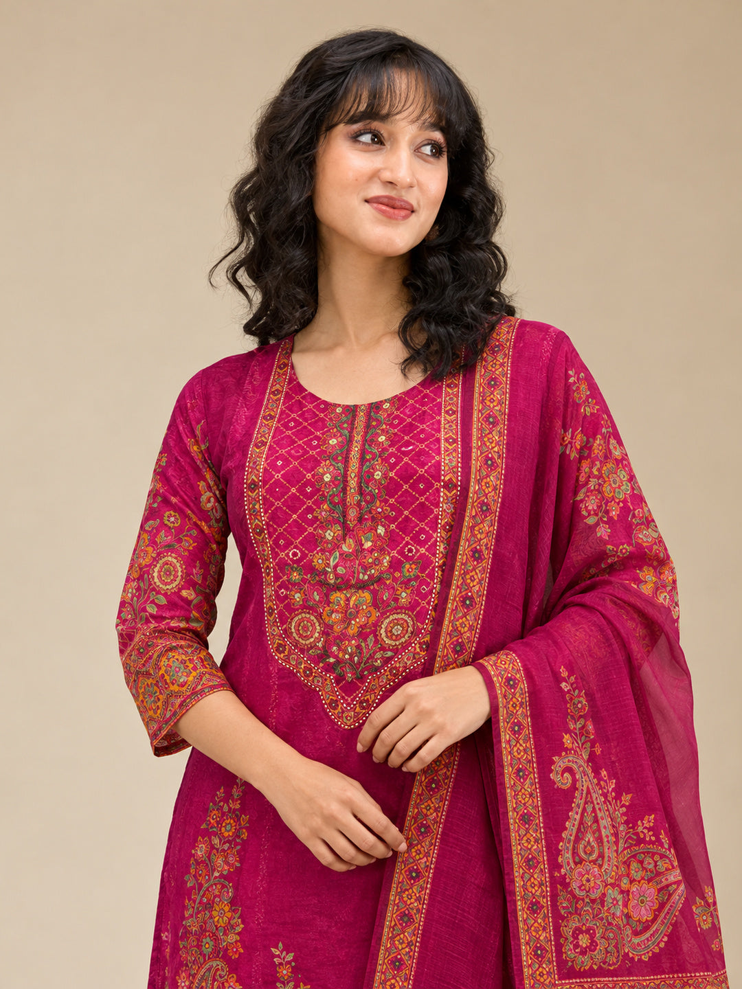 Women Rani-Pink Floral Embroidered Cotton-Silk Kurta with Trousers & With Dupatta