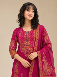 Women Rani-Pink Floral Embroidered Cotton-Silk Kurta with Trousers & With Dupatta