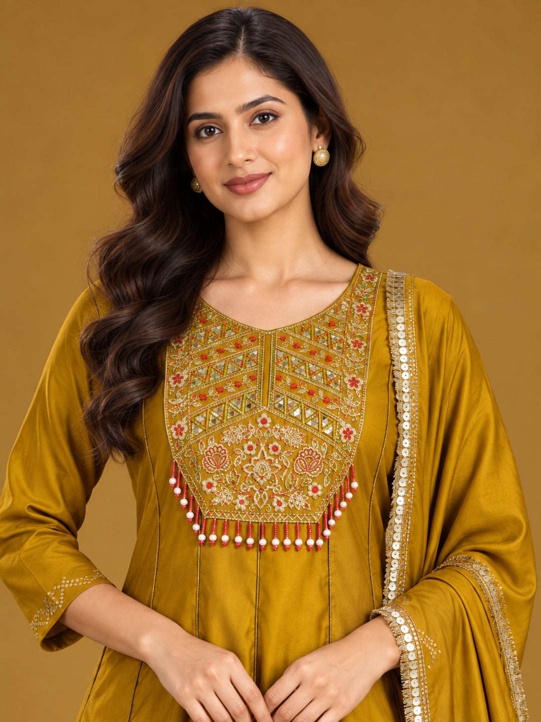 Mustard Embroidered Anarkali Set with Dupatta