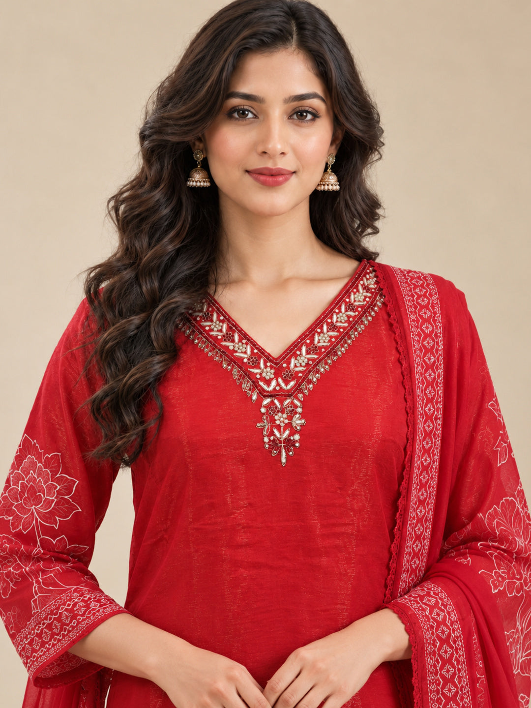 Red Floral Printed Cotton-Silk Kurta Set with Dupatta