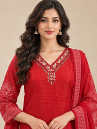Red Floral Printed Cotton-Silk Kurta Set with Dupatta