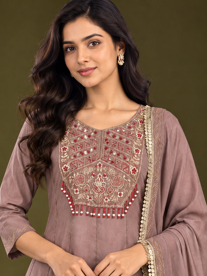 Mauve Embroidered Chanderi-Silk Anarkali Set with Dupatta