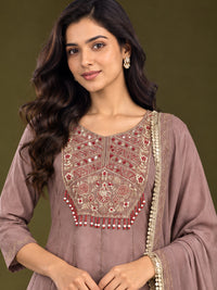Mauve Embroidered Chanderi-Silk Anarkali Set with Dupatta