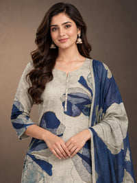 Women's Beige & Navy Blue Printed Kurta Set with Dupatta