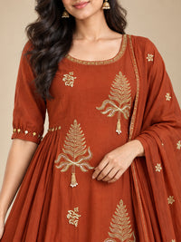 Brown Embroidered Chanderi-Silk Anarkali Set with Dupatta